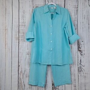 Vtg REAL CLOTHES Saks 5th Avenue Turquoise 100% Irish Linen 2 Piece Pants Set